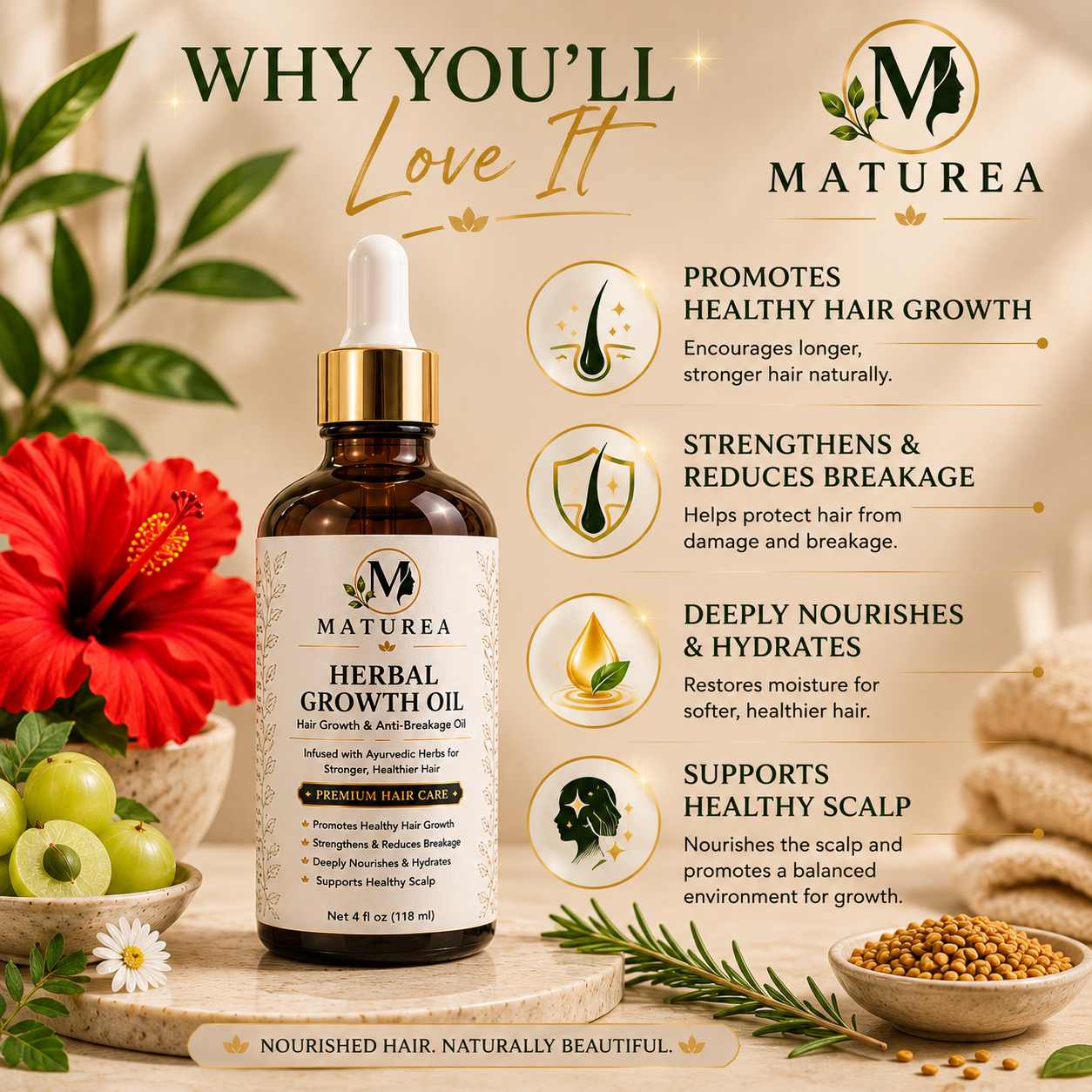MATUREA Herbal Growth Oil | Hair Growth & Anti-Breakage Oil | 4 oz