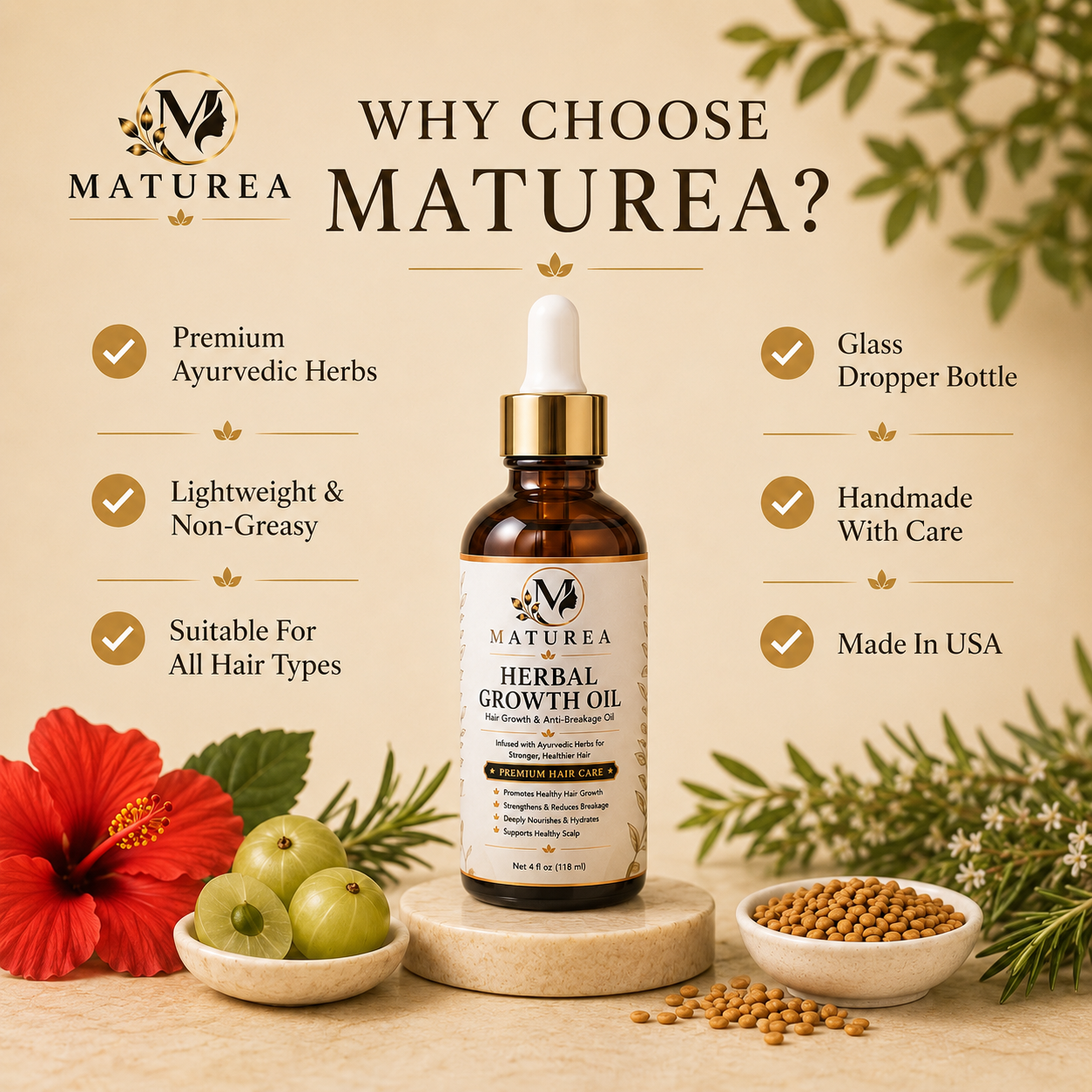 MATUREA Herbal Growth Oil | Hair Growth & Anti-Breakage Oil | 4 oz