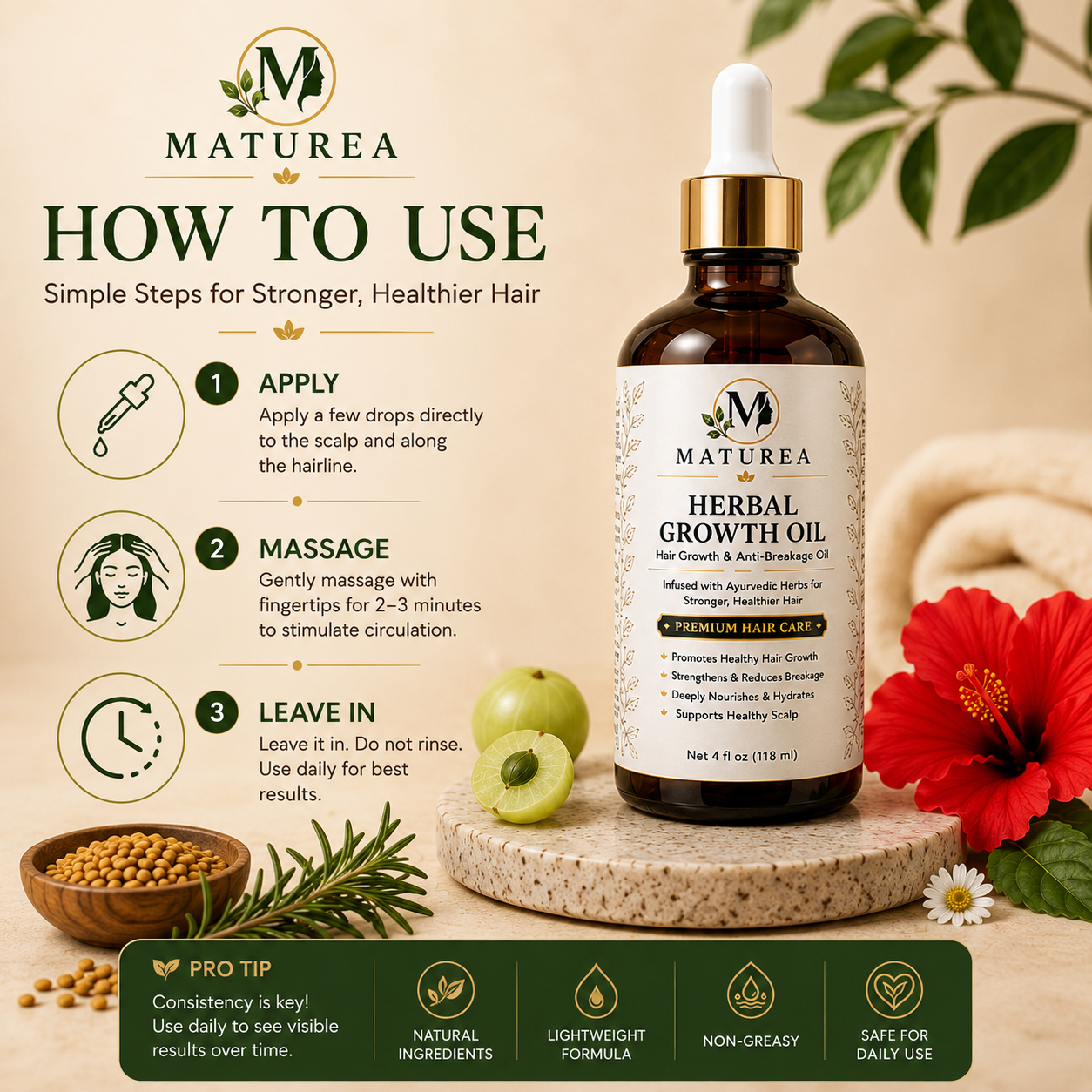 MATUREA Herbal Growth Oil | Hair Growth & Anti-Breakage Oil | 4 oz